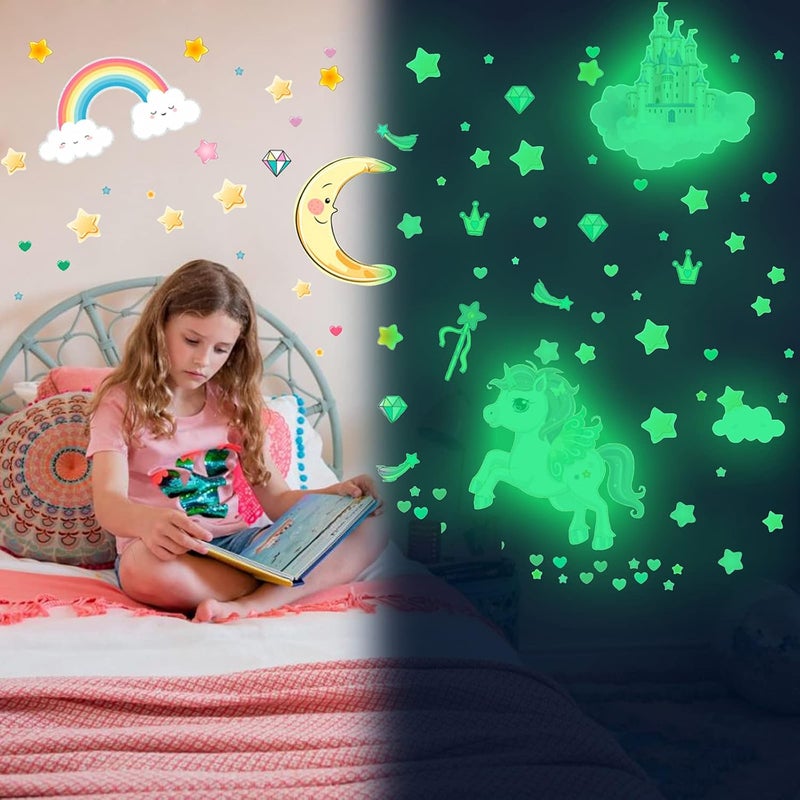 Robmoda Glow in The Dark Stars and Unicorn Wall Decals, Glowing Castle Moon and Rainbow Stickers, 174 pcs Luminous Ceiling Decor for Kids Bedroom, Great Wall Decor for Girls and Boys Gift - Image 3